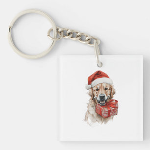 Schattige Golden Retriever in Santa Hat met cadeau Sleutelhanger