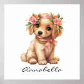 Schattige Golden Retriever Puppy Bloemen Poster (Voorkant)