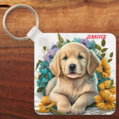 Schattige Golden Retriever Puppy Dog Sleutelhanger (Voorkant)