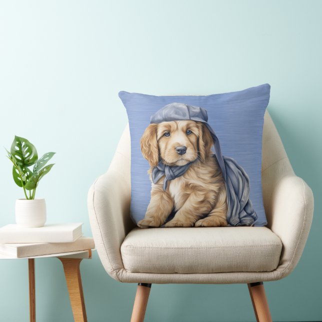 SCHATTIGE GOLDEN RETRIEVER PUPPY MET BLAUW PET KUSSEN (Stoel)
