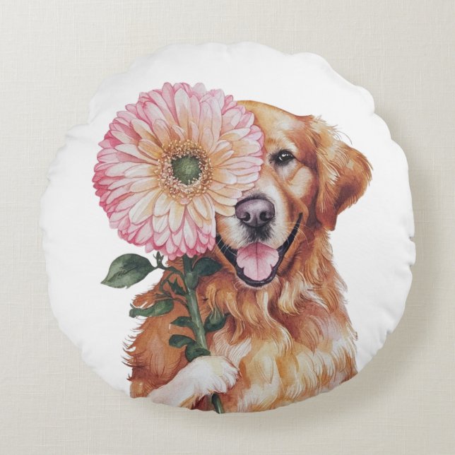 Schattige Golden Retriever Waterverf Illustratie Rond Kussen (Voorkant)