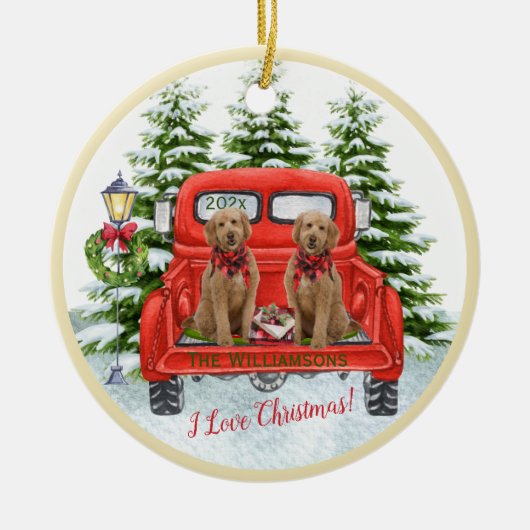 Schattige Goldendoles  Red Truck Ornament (Voorkant)