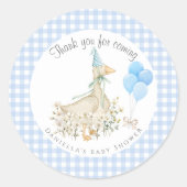 Schattige Goose Boy Baby shower Blue Gingham Ronde Sticker (Voorkant)