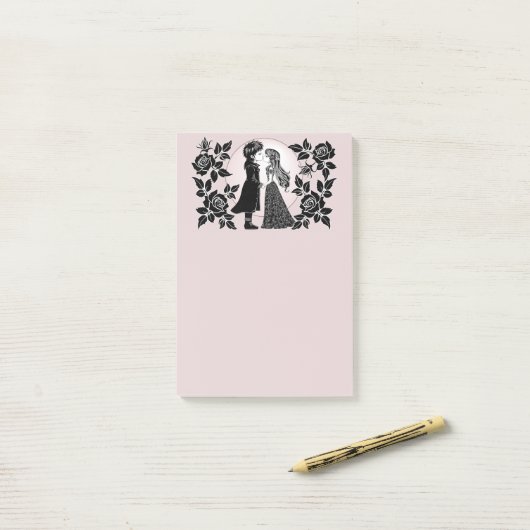 Schattige gothische emo-kinderen zoenen op Valenti Post-it® Notes (Op bureau)