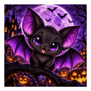 Schattige Gotische Paarse Vleermuis Halloween Maan Perfect Poster