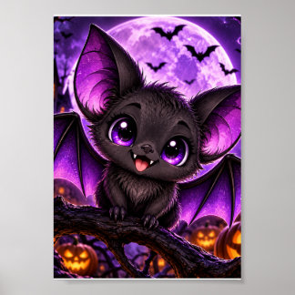 Schattige Gotische Paarse Vleermuis Halloween Maan Poster