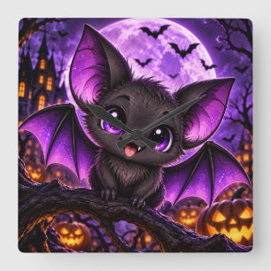Schattige Gotische Paarse Vleermuis Halloween Maan Vierkante Klok
