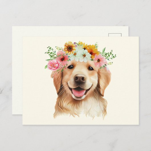 Schattige Goud Retriever Hond met Bloemen  Briefkaart (Voorkant / Achterkant)