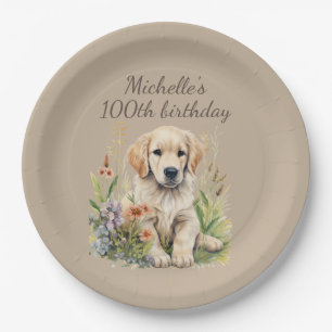 Schattige Goud Retriever Puppy 100e Verjaardag Papieren Bordje