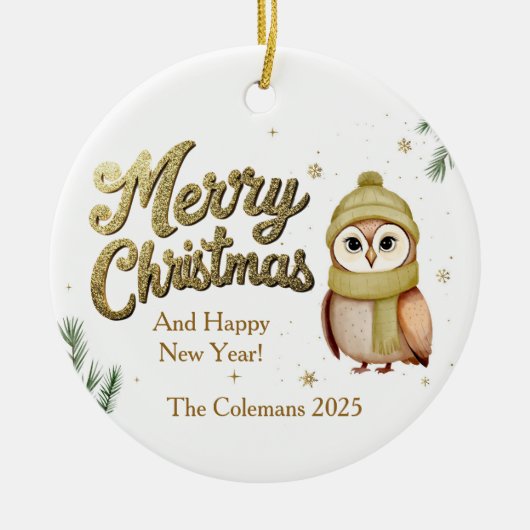 Schattige Goud Vrolijke Kerstuil Gepersonaliseerd Keramisch Ornament (Voorkant)