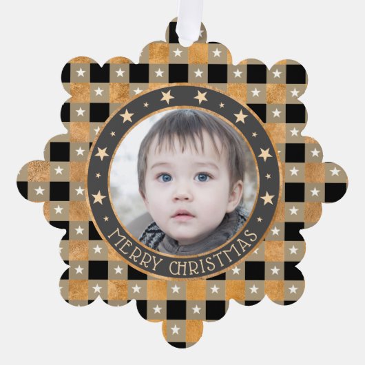 Schattige Gouden Buffel Plaid & Sterren Vrolijk Ke Ornament Kaart (Voorkant)