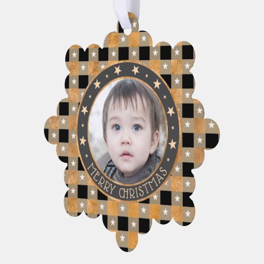 Schattige Gouden Buffel Plaid & Sterren Vrolijk Ke Ornament Kaart (Links)