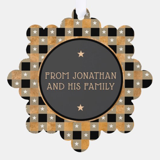 Schattige Gouden Buffel Plaid & Sterren Vrolijk Ke Ornament Kaart (Achterkant)