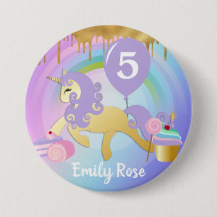 Schattige gouden en paarse eenhoorn traktaties ver ronde button 7,6 cm
