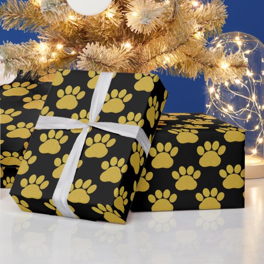 Schattige Gouden Glitter Paw Prints Pet Lovers Zwa Cadeaupapier (Feestdagen)