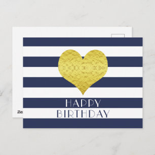 Schattige gouden hart blauw en wit Happy Birthday Briefkaart