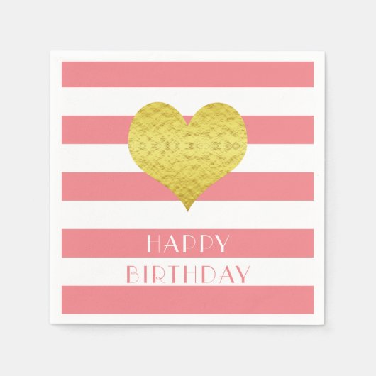 Schattige gouden hart roze strepen Happy Birthday Servet (Voorkant)