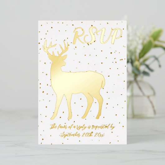 Schattige Gouden Herten & Gouden Confetti RSVP Ech Folie Uitnodiging (Staand Voorkant)