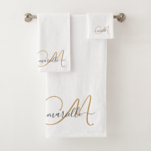 Schattige Gouden Monogram Script Naam Elegant Wit Bad Handdoek