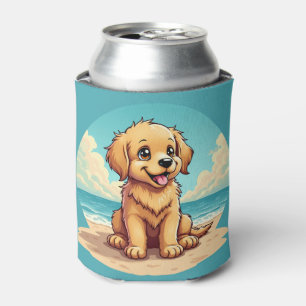 Schattige gouden puppy op een zonnige strandscène blikjeskoeler