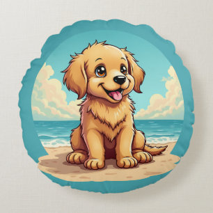 Schattige gouden puppy op een zonnige strandscène rond kussen