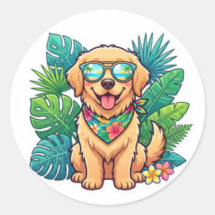 Schattige Gouden Retriever Zonnebril Zomer Tropisc Ronde Sticker