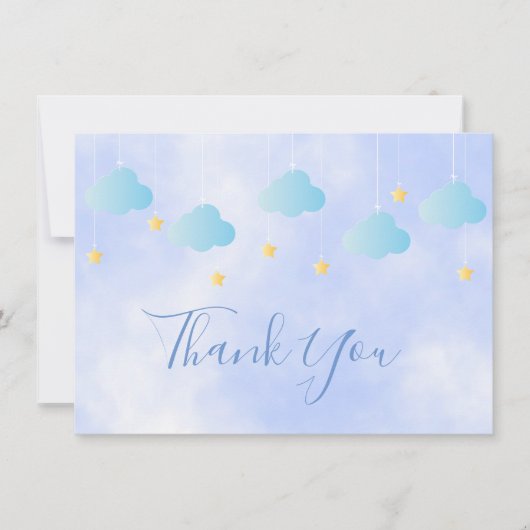 Schattige Gouden Sterren Blauwe Wolken Script Dank Bedankkaart (Voorkant)