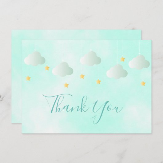 Schattige Gouden Sterren Groene Wolken Script Dank Bedankkaart (Voorkant / Achterkant)