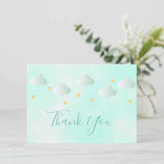 Schattige Gouden Sterren Groene Wolken Script Dank Bedankkaart (Staand voorkant)