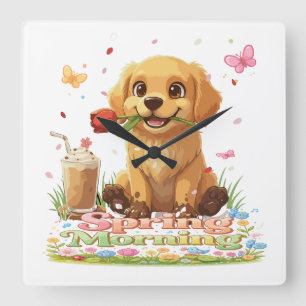 Schattige Goudharige Retriever Puppy Lente Ochtend Vierkante Klok