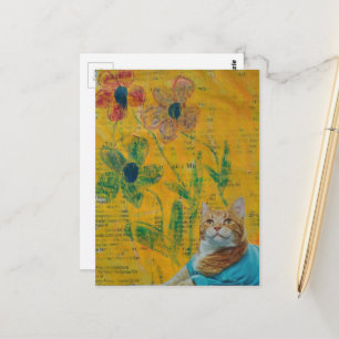Schattige goudkleurige kat en bloemen collage briefkaart