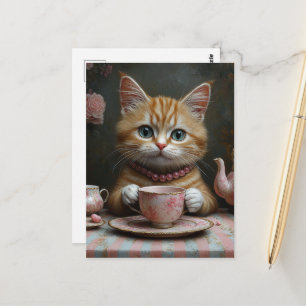 Schattige goudkleurige kat in roze parels bij de t briefkaart