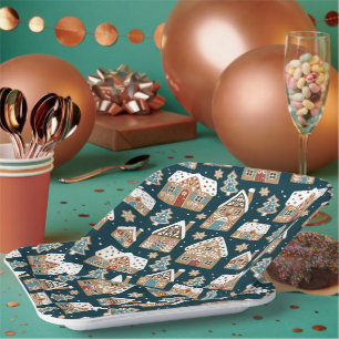 Schattige Goudkoek Huizen & Koekjes Blauwe Kerst Papieren Bordje