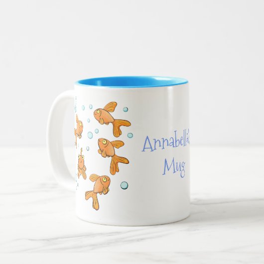 Schattige goudvis met een cartoon van bubbels. tweekleurige koffiemok (Voorkant links)