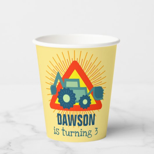 Schattige graafmachine gele jongens verjaardag 3 j papieren bekers (Voorkant)