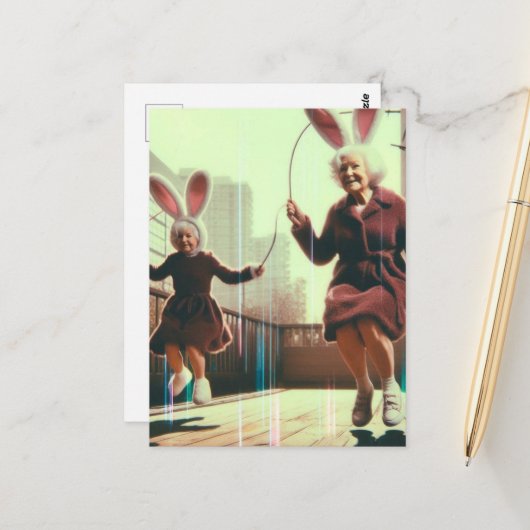 Schattige Granny Easter Bunnies Jumping Rope Glitc Briefkaart (Voorkant / Achterkant in situ)