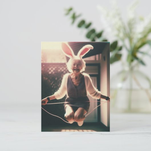 Schattige Granny Easter Bunny Jumping Rope Briefkaart (Staand voorkant)