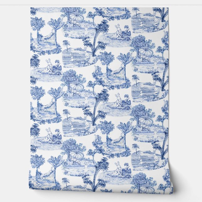 Schattige Grappig  Blauw Wit Konijnentoilet de Jou Behang (Afrollen)