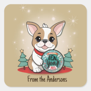Schattige Grappig Frans Bulldog Gelukkig Nieuwjaar Vierkante Sticker