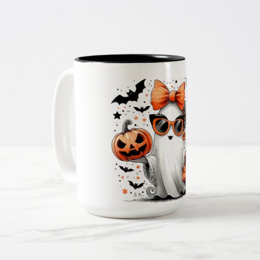 Schattige grappig Halloween spook Tweekleurige Koffiemok (Voorkant links)