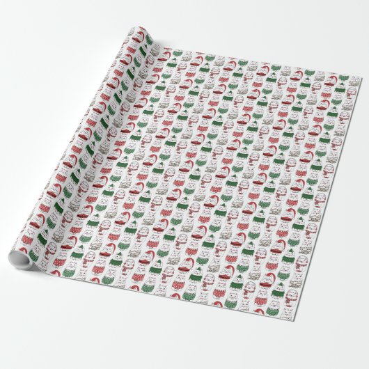 Schattige grappig kerstkattenpatroon cadeaupapier (Uitgerold)