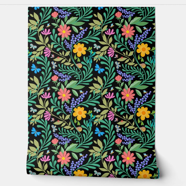 Schattige Grappig Kleurrijk Bloemen  Vrolijk Elega Behang (Afrollen)