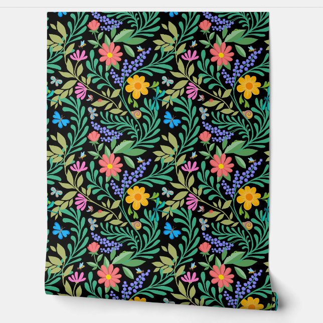 Schattige Grappig Kleurrijk Bloemen  Vrolijk Elega Behang (Afrollen)