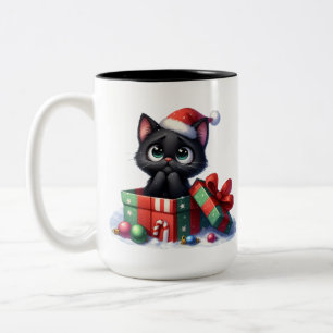 SCHATTIGE & GRAPPIG ZWART KERST KITTENS TWEEKLEURIGE KOFFIEMOK