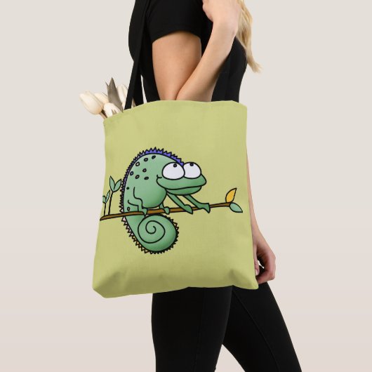 Schattige Grappige Cartoon Kameleon Groene Hagedis Tote Bag (Dichtbij)