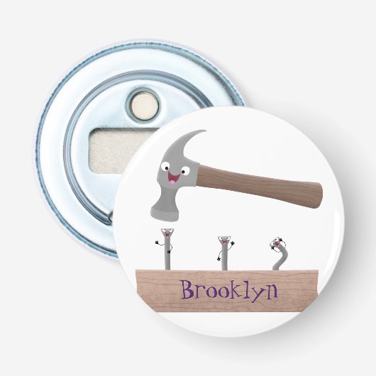 Schattige, grappige hamer en spijkers cartoonillus button flesopener (Voorkant)