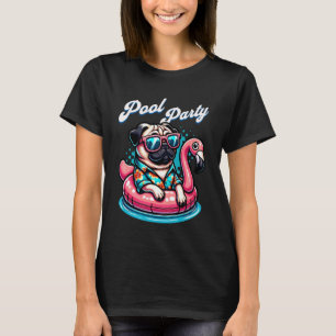 Schattige Grappige Hond Pug Zwembad Feest Flamingo T-shirt