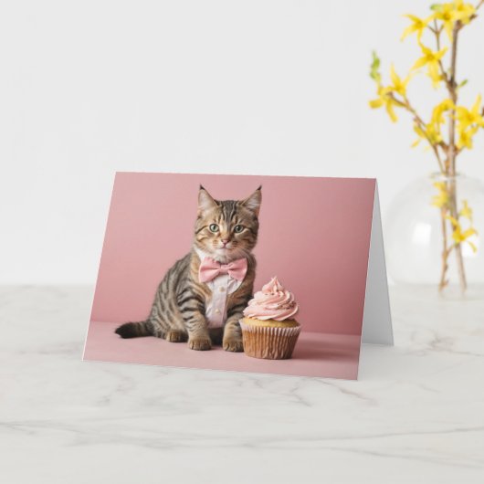 Schattige Grappige Humor Roze Felicitaties Kat Kaart (Gele Bloem)