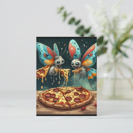 Schattige grappige insecten die een pizza eten gra briefkaart (Staand voorkant)