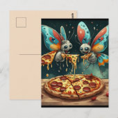 Schattige grappige insecten die een pizza eten gra briefkaart (Voorkant / Achterkant)